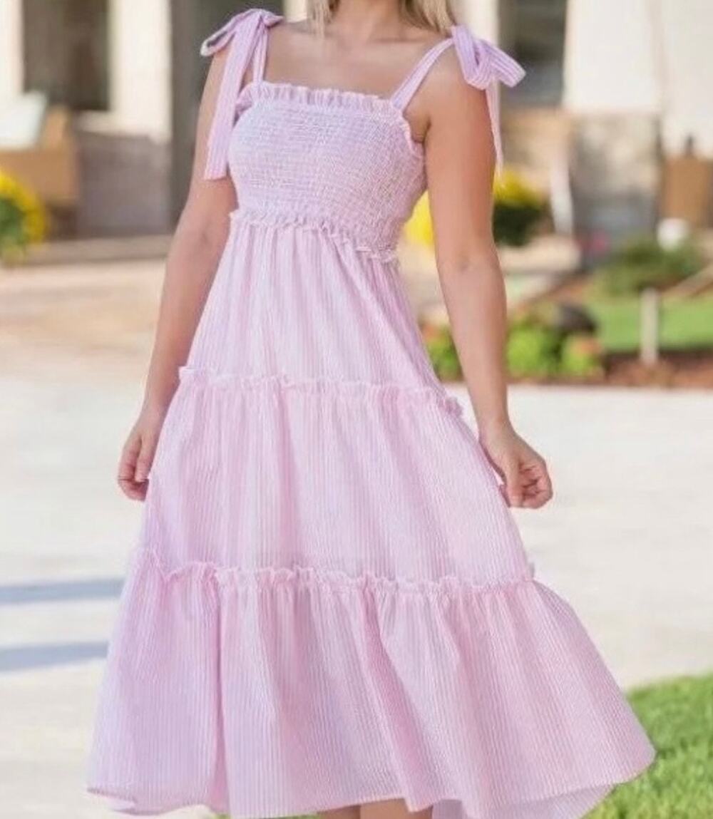 Simply Southern Light Pink Smocked Seersucker Tiered Maxi Dress Size Large
